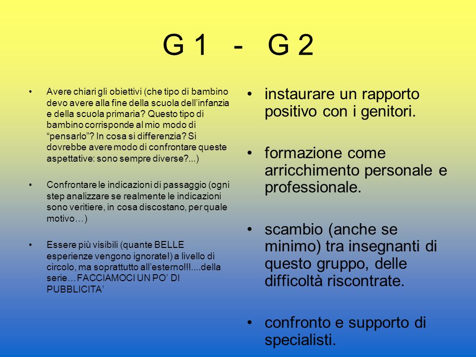 G 1 - G 2 Avere chiari gli obiettivi (che tipo di bambino devo avere alla fine della scuola dellinfanzia e della scuola primaria.