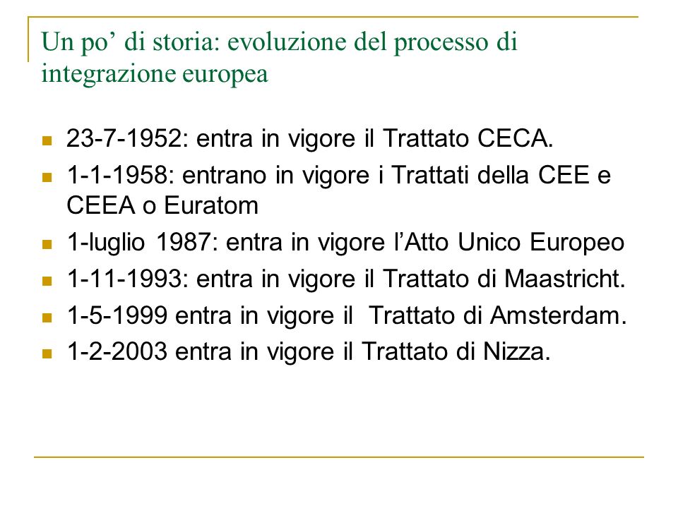 Un po di storia: evoluzione del processo di integrazione europea : entra in vigore il Trattato CECA.