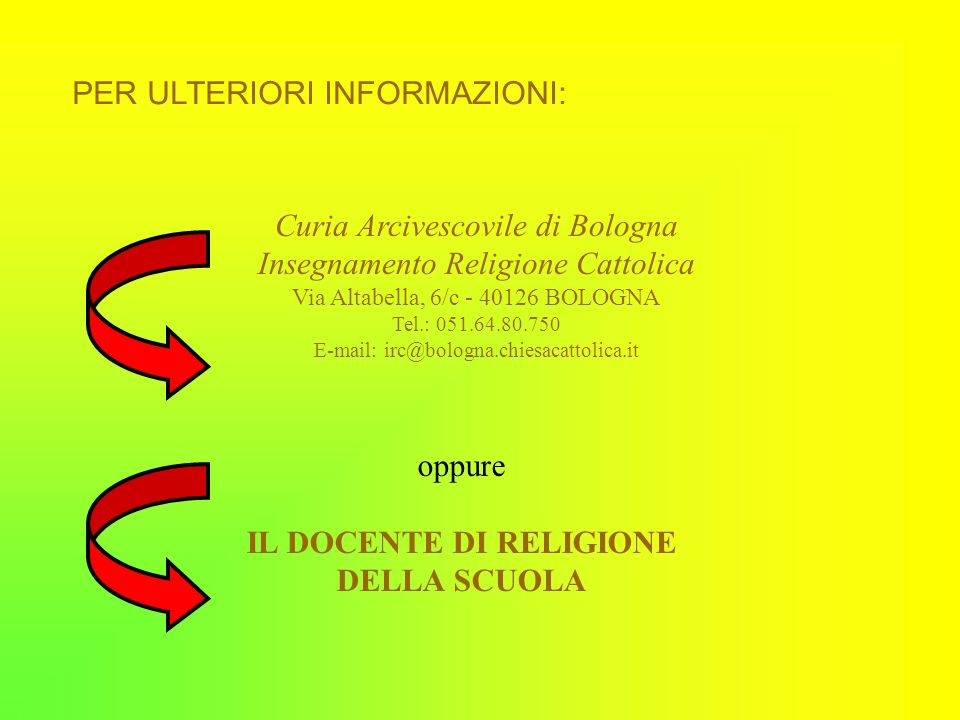 PER ULTERIORI INFORMAZIONI: Curia Arcivescovile di Bologna Insegnamento Religione Cattolica Via Altabella, 6/c BOLOGNA Tel.: oppure IL DOCENTE DI RELIGIONE DELLA SCUOLA