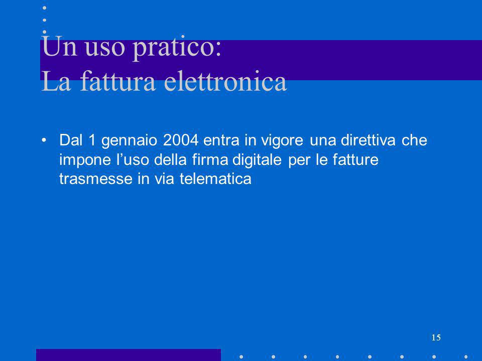 15 Un uso pratico: La fattura elettronica Dal 1 gennaio 2004 entra in vigore una direttiva che impone luso della firma digitale per le fatture trasmesse in via telematica