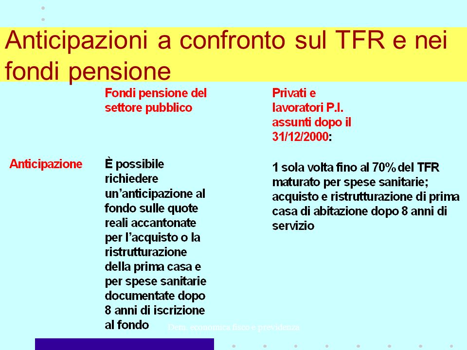 Dem. economica fisco e previdenza Anticipazioni a confronto sul TFR e nei fondi pensione