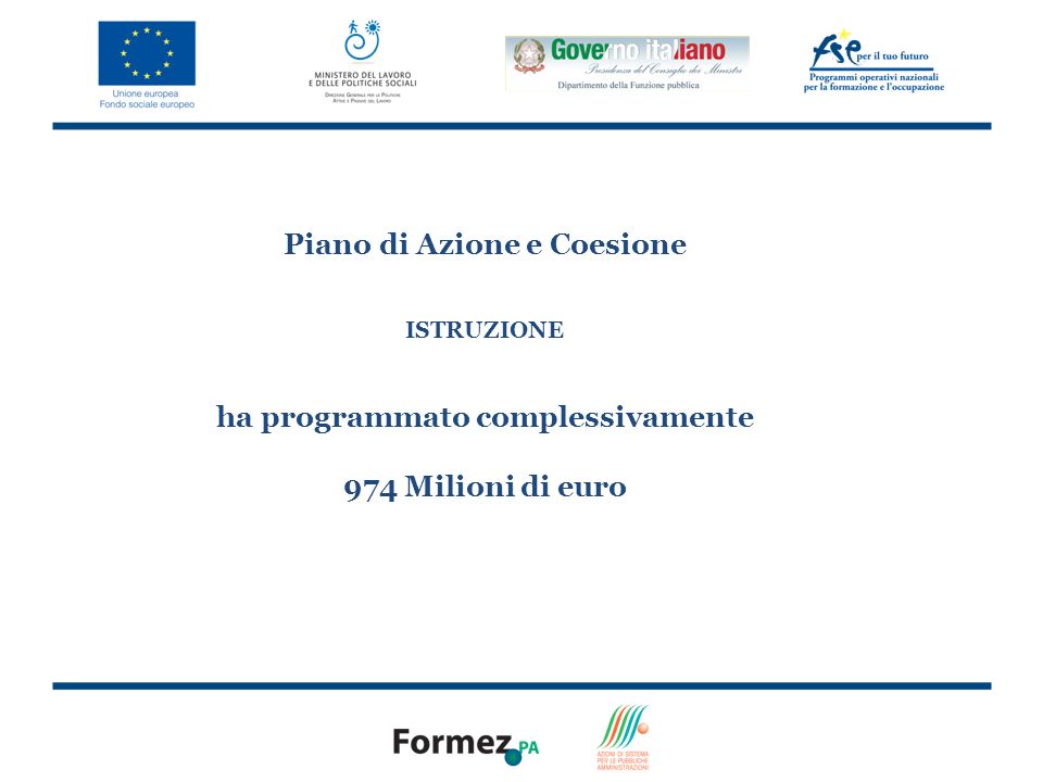 7 Piano di Azione e Coesione ISTRUZIONE ha programmato complessivamente 974 Milioni di euro