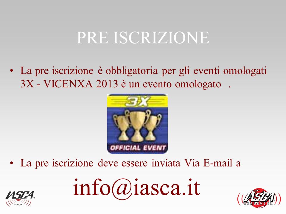 PRE ISCRIZIONE La pre iscrizione è obbligatoria per gli eventi omologati 3X - VICENXA 2013 è un evento omologato.