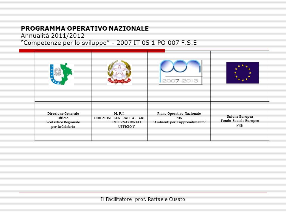 PROGRAMMA OPERATIVO NAZIONALE Annualità 2011/2012 Competenze per lo sviluppo IT 05 1 PO 007 F.S.E Direzione Generale Ufficio Scolastico Regionale per la Calabria M.