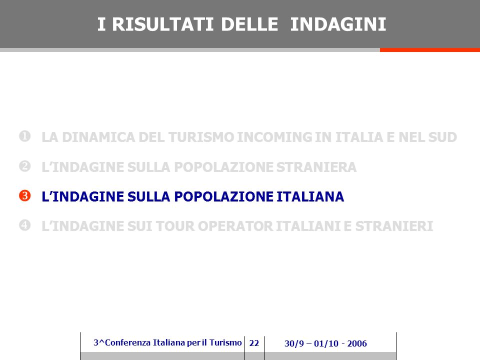 22 3^Conferenza Italiana per il Turismo 30/9 – 01/ LA DINAMICA DEL TURISMO INCOMING IN ITALIA E NEL SUD LINDAGINE SULLA POPOLAZIONE STRANIERA LINDAGINE SULLA POPOLAZIONE ITALIANA LINDAGINE SUI TOUR OPERATOR ITALIANI E STRANIERI I RISULTATI DELLE INDAGINI