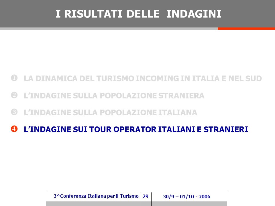 29 3^Conferenza Italiana per il Turismo 30/9 – 01/ LA DINAMICA DEL TURISMO INCOMING IN ITALIA E NEL SUD LINDAGINE SULLA POPOLAZIONE STRANIERA LINDAGINE SULLA POPOLAZIONE ITALIANA LINDAGINE SUI TOUR OPERATOR ITALIANI E STRANIERI I RISULTATI DELLE INDAGINI