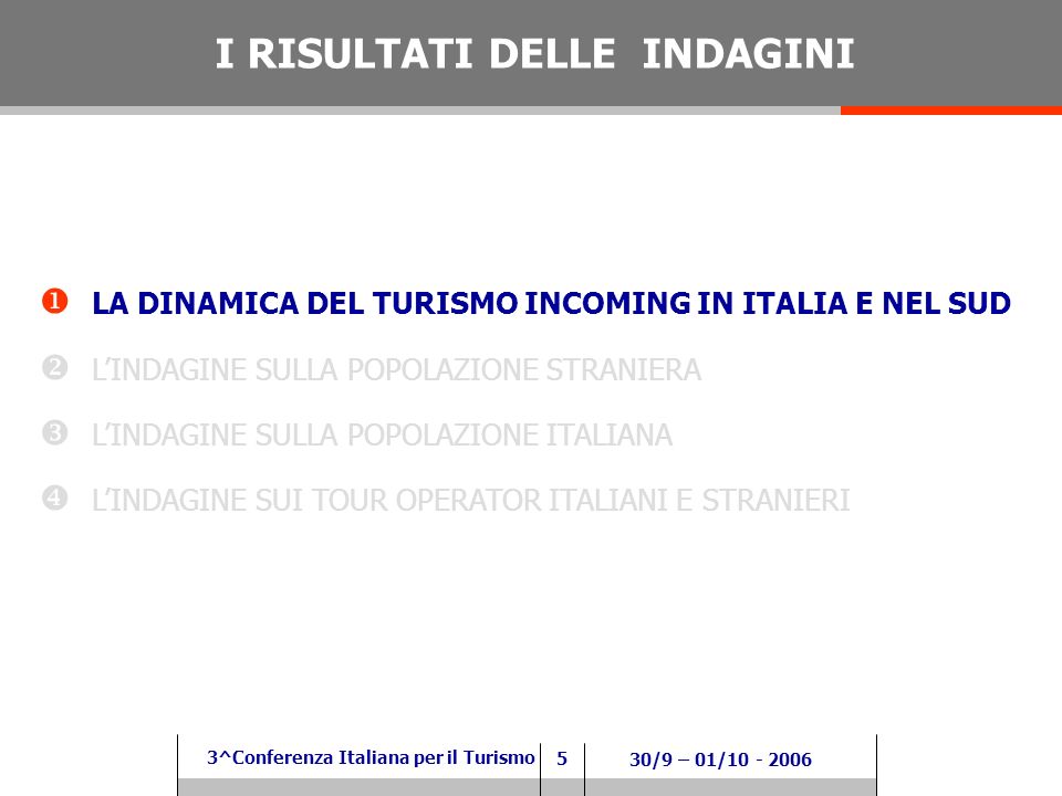 5 3^Conferenza Italiana per il Turismo 30/9 – 01/ LA DINAMICA DEL TURISMO INCOMING IN ITALIA E NEL SUD LINDAGINE SULLA POPOLAZIONE STRANIERA LINDAGINE SULLA POPOLAZIONE ITALIANA LINDAGINE SUI TOUR OPERATOR ITALIANI E STRANIERI I RISULTATI DELLE INDAGINI