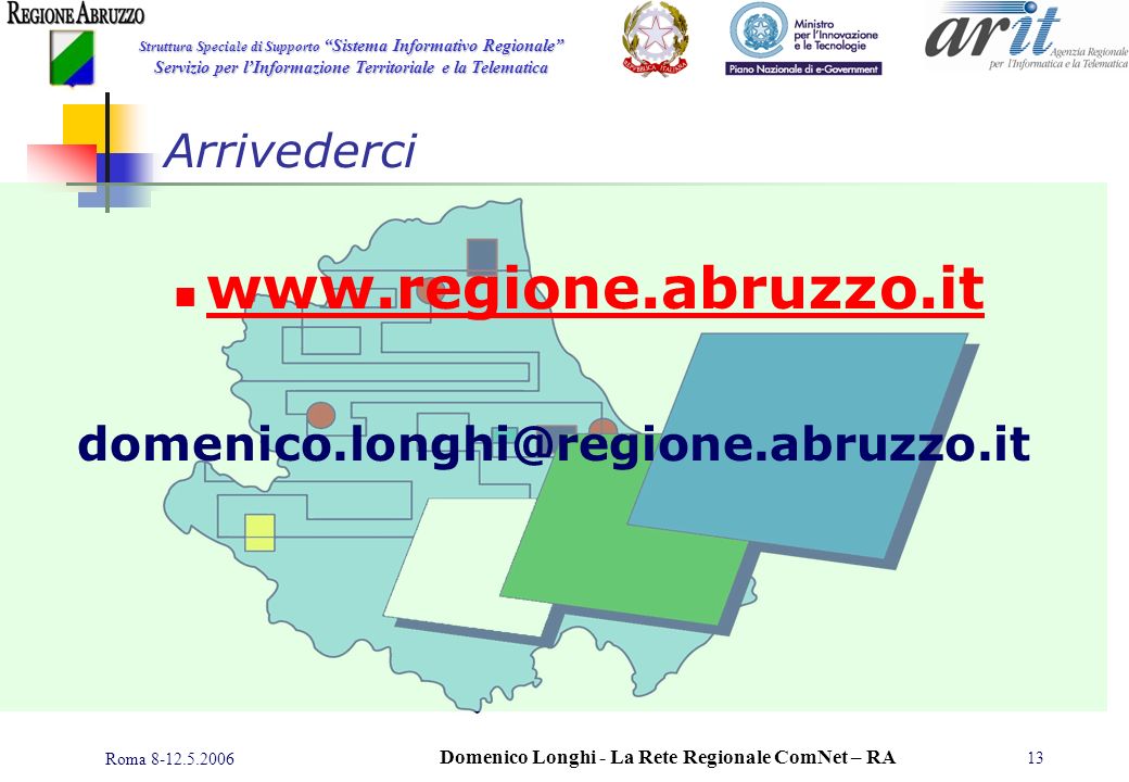 Struttura Speciale di Supporto Sistema Informativo Regionale Servizio per lInformazione Territoriale e la Telematica Roma Domenico Longhi - La Rete Regionale ComNet – RA 13 Arrivederci