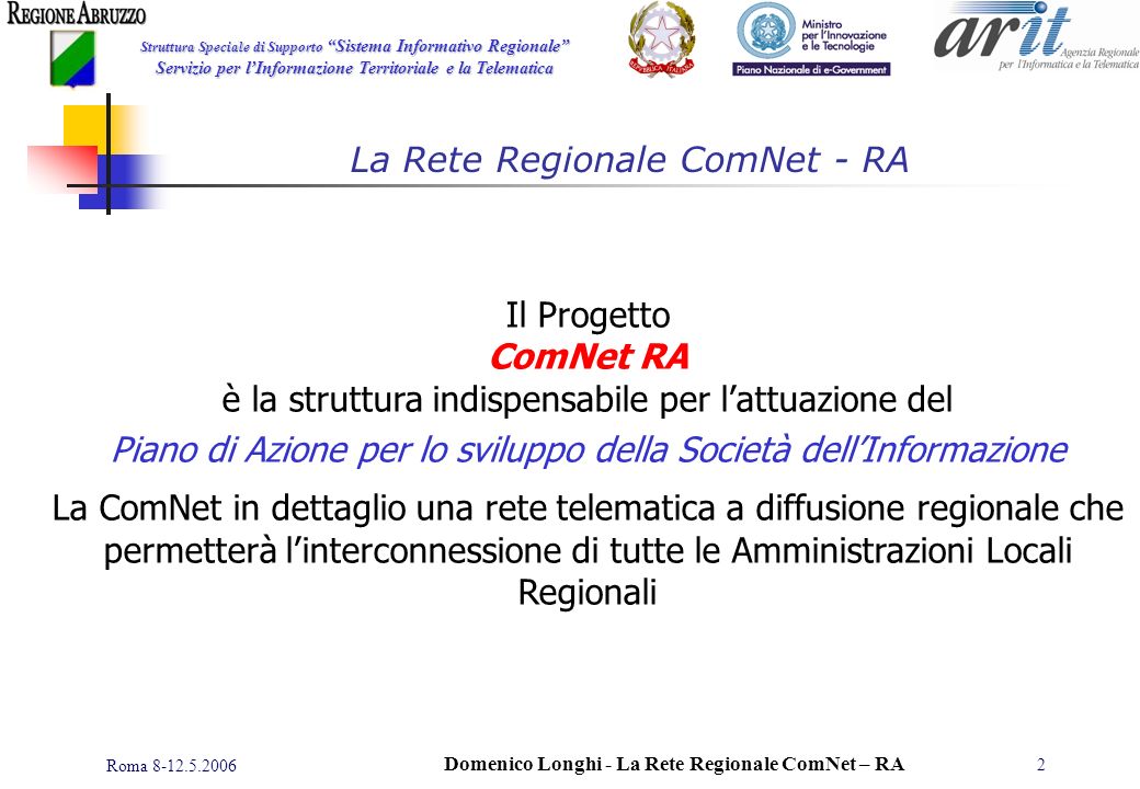 Roma Domenico Longhi - La Rete Regionale ComNet – RA 2 La Rete Regionale ComNet - RA Il Progetto ComNet RA è la struttura indispensabile per lattuazione del Piano di Azione per lo sviluppo della Società dellInformazione La ComNet in dettaglio una rete telematica a diffusione regionale che permetterà linterconnessione di tutte le Amministrazioni Locali Regionali