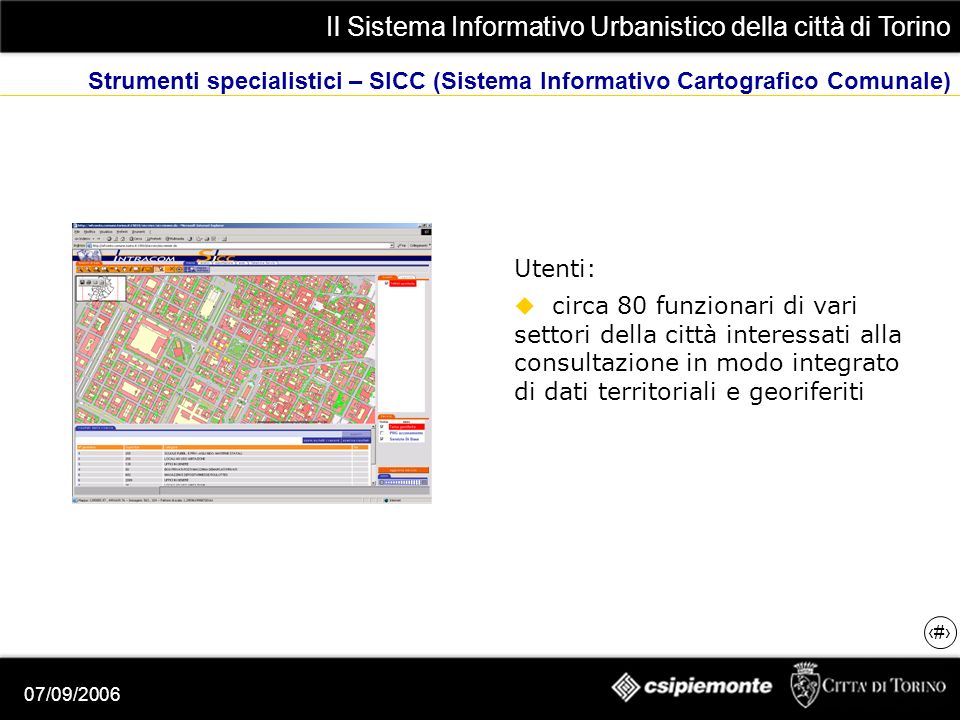 Il Sistema Informativo Urbanistico della città di Torino 12 07/09/2006 Strumenti specialistici – SICC (Sistema Informativo Cartografico Comunale) Utenti: circa 80 funzionari di vari settori della città interessati alla consultazione in modo integrato di dati territoriali e georiferiti