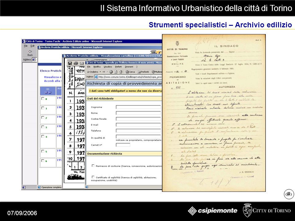 Il Sistema Informativo Urbanistico della città di Torino 13 07/09/2006 Strumenti specialistici – Archivio edilizio