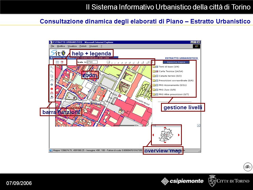 Il Sistema Informativo Urbanistico della città di Torino 16 07/09/2006 Consultazione dinamica degli elaborati di Piano – Estratto Urbanistico gestione livelli overview map barra funzioni zoom help + legenda
