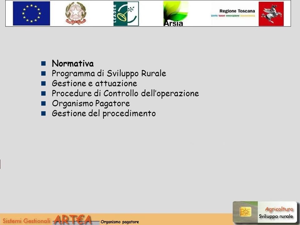 Normativa Programma di Sviluppo Rurale Gestione e attuazione Procedure di Controllo delloperazione Organismo Pagatore Gestione del procedimento