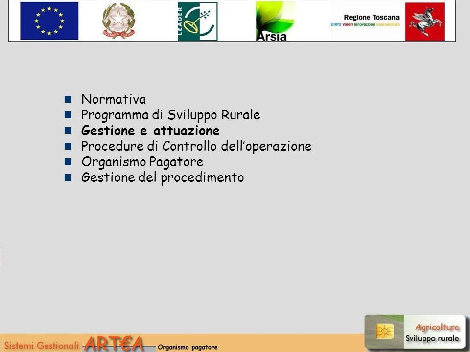 Normativa Programma di Sviluppo Rurale Gestione e attuazione Procedure di Controllo delloperazione Organismo Pagatore Gestione del procedimento