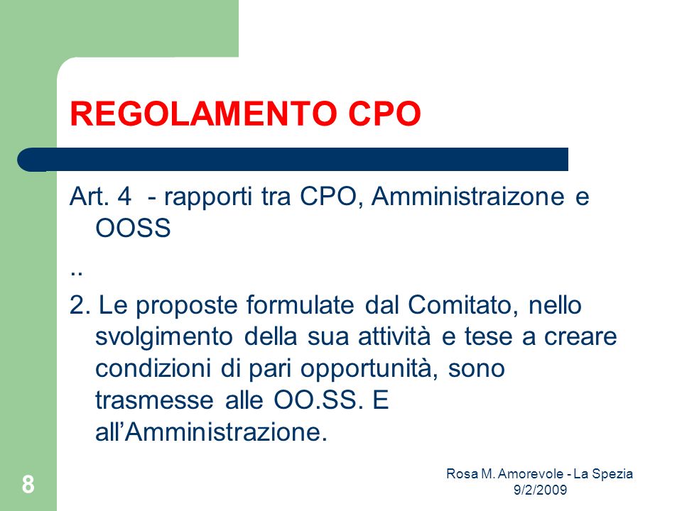 REGOLAMENTO CPO Art. 4 - rapporti tra CPO, Amministraizone e OOSS..