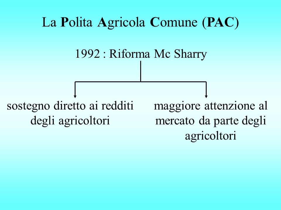 La Polita Agricola Comune (PAC) 1992 : Riforma Mc Sharry sostegno diretto ai redditi degli agricoltori maggiore attenzione al mercato da parte degli agricoltori