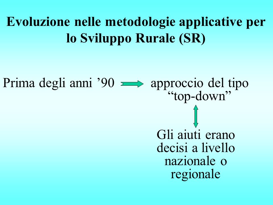 Evoluzione nelle metodologie applicative per lo Sviluppo Rurale (SR) Prima degli anni 90approccio del tipo top-down Gli aiuti erano decisi a livello nazionale o regionale