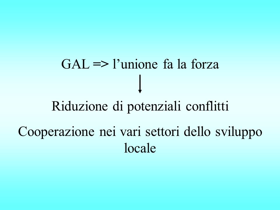 GAL => lunione fa la forza Riduzione di potenziali conflitti Cooperazione nei vari settori dello sviluppo locale