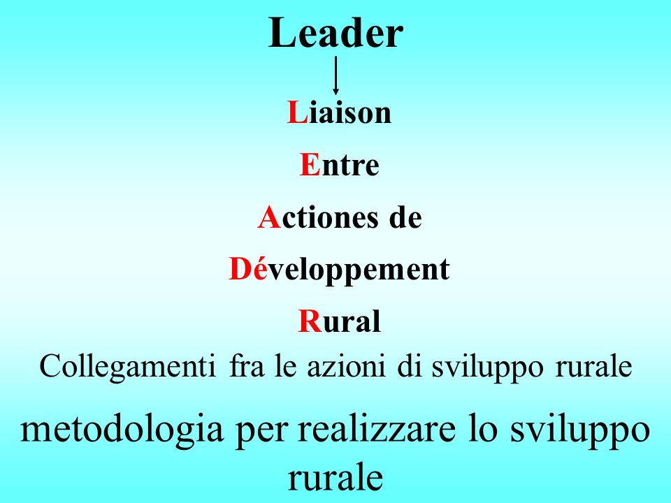 Liaison Entre Actiones de Développement Rural Leader Collegamenti fra le azioni di sviluppo rurale metodologia per realizzare lo sviluppo rurale