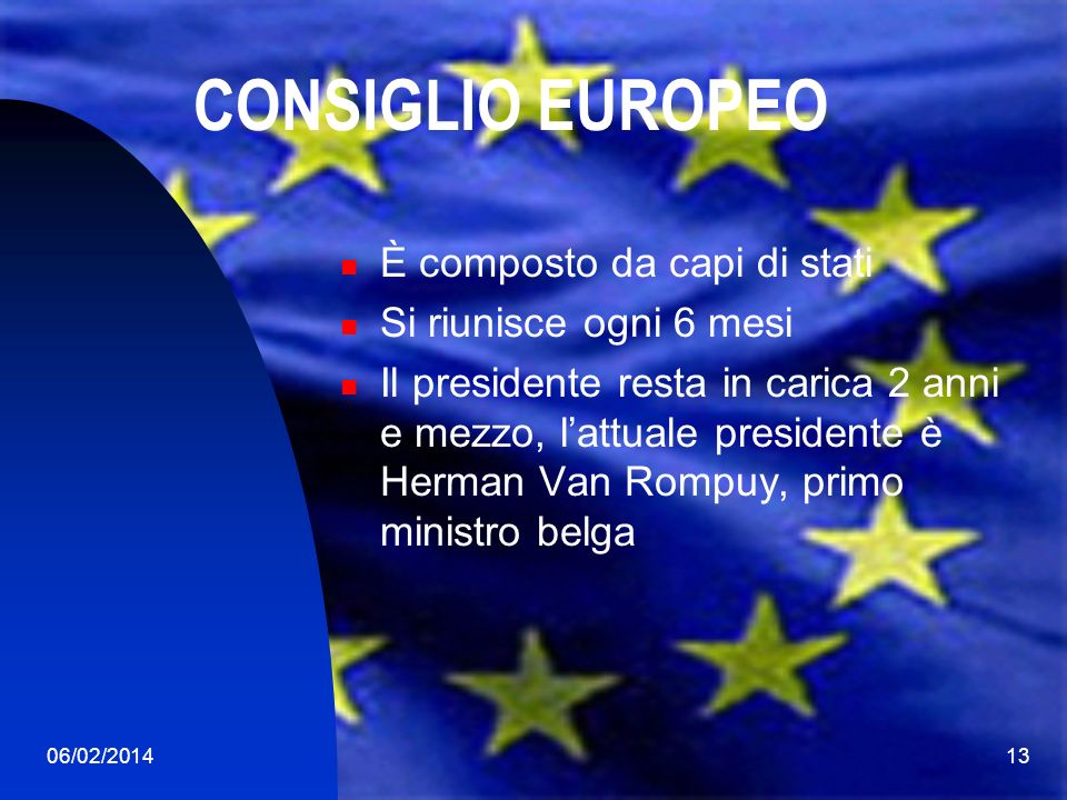 06/02/ CONSIGLIO EUROPEO È composto da capi di stati Si riunisce ogni 6 mesi Il presidente resta in carica 2 anni e mezzo, lattuale presidente è Herman Van Rompuy, primo ministro belga