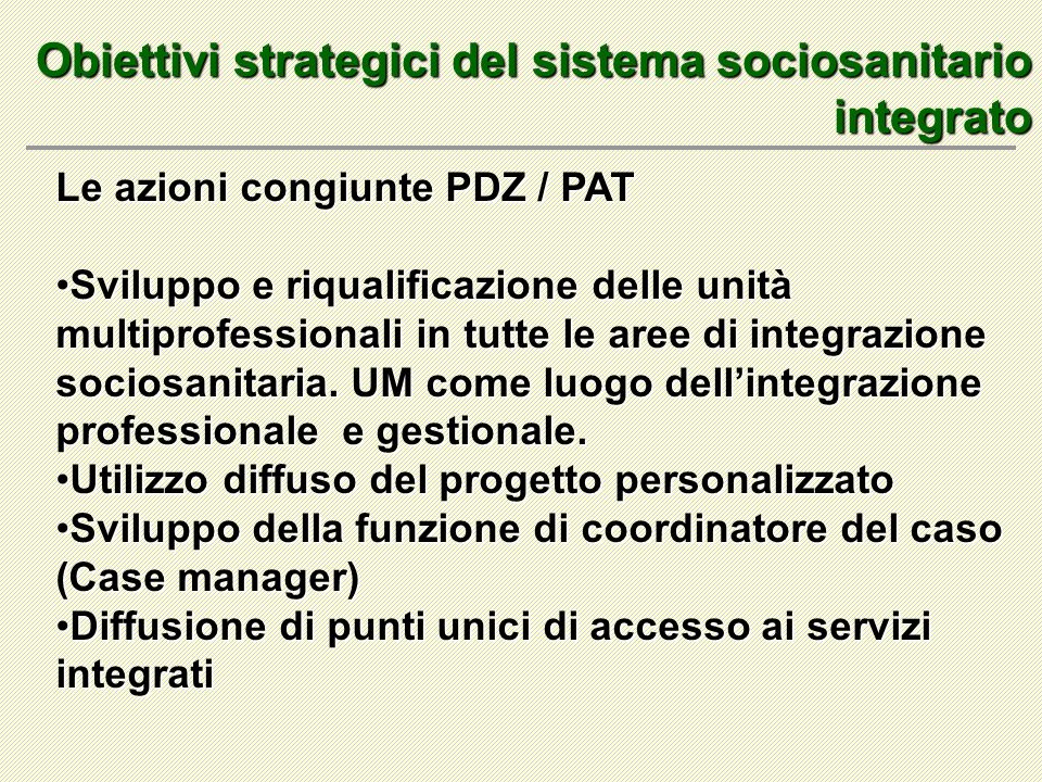 Obiettivi strategici del sistema sociosanitario integrato Le azioni congiunte PDZ / PAT Sviluppo e riqualificazione delle unità multiprofessionali in tutte le aree di integrazione sociosanitaria.