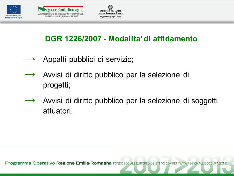 DGR 1226/ Modalita di affidamento Appalti pubblici di servizio; Avvisi di diritto pubblico per la selezione di progetti; Avvisi di diritto pubblico per la selezione di soggetti attuatori.