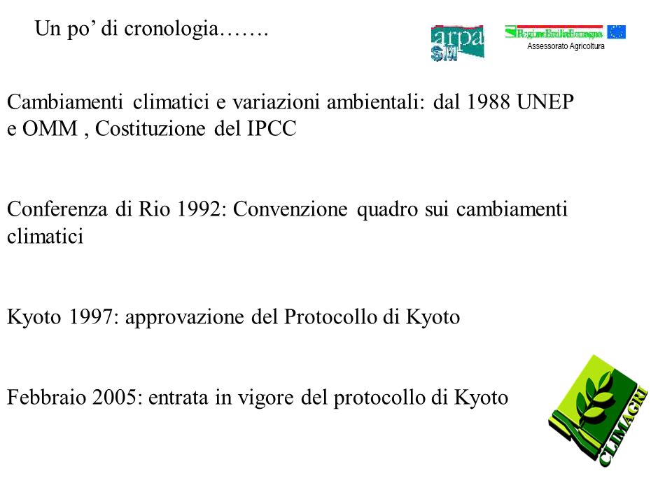 Cambiamenti climatici e variazioni ambientali: dal 1988 UNEP e OMM, Costituzione del IPCC Conferenza di Rio 1992: Convenzione quadro sui cambiamenti climatici Kyoto 1997: approvazione del Protocollo di Kyoto Febbraio 2005: entrata in vigore del protocollo di Kyoto Un po di cronologia…….