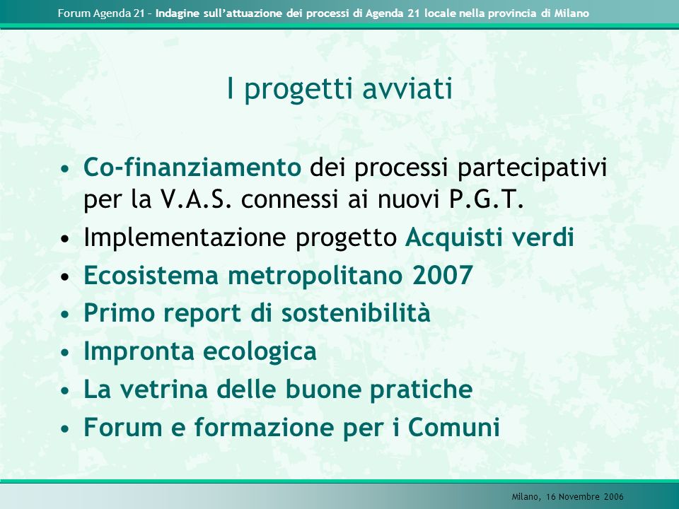 Forum Agenda 21 – Indagine sullattuazione dei processi di Agenda 21 locale nella provincia di Milano Milano, 16 Novembre 2006 I progetti avviati Co-finanziamento dei processi partecipativi per la V.A.S.