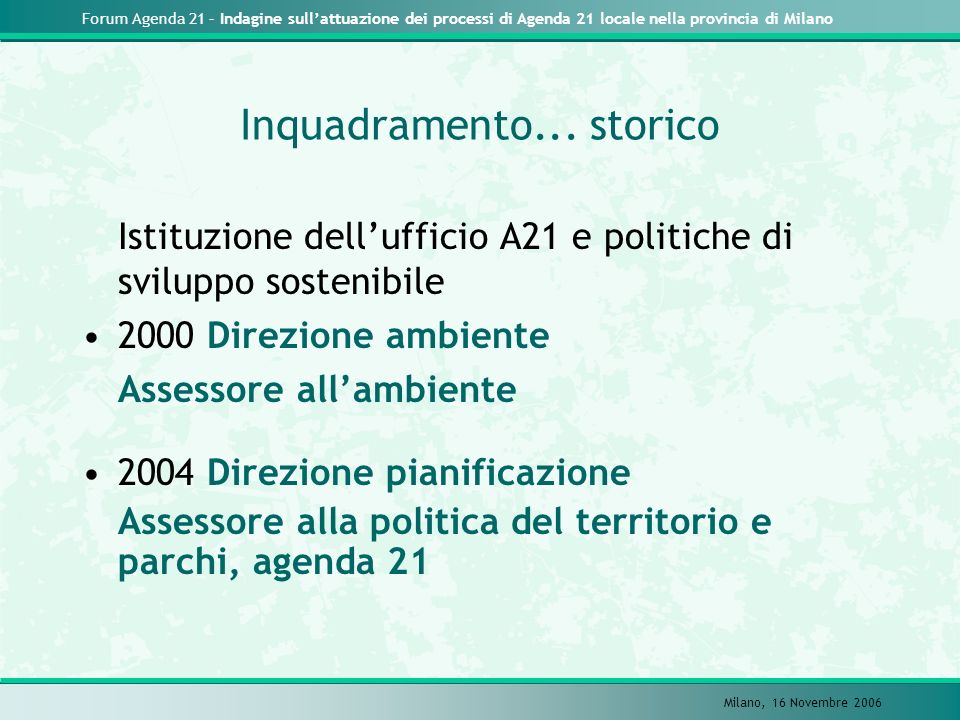 Forum Agenda 21 – Indagine sullattuazione dei processi di Agenda 21 locale nella provincia di Milano Milano, 16 Novembre 2006 Inquadramento...
