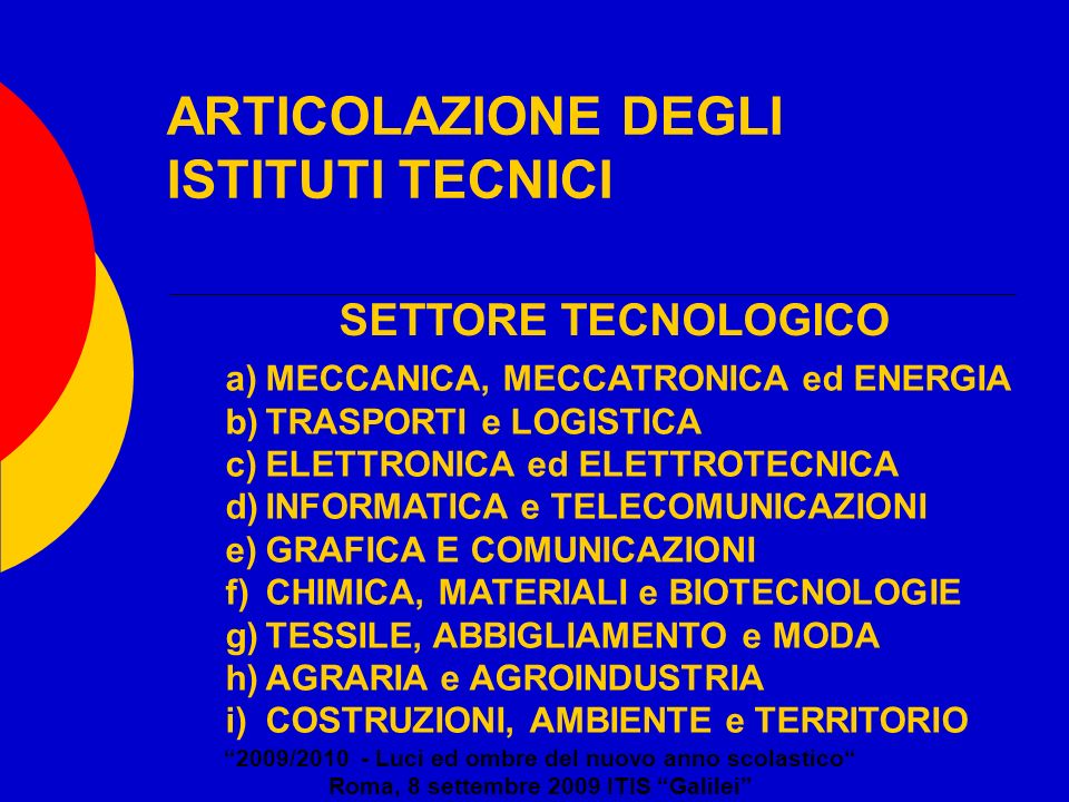 ARTICOLAZIONE DEGLI ISTITUTI TECNICI 2009/ Luci ed ombre del nuovo anno scolastico Roma, 8 settembre 2009 ITIS Galilei a)MECCANICA, MECCATRONICA ed ENERGIA b)TRASPORTI e LOGISTICA c)ELETTRONICA ed ELETTROTECNICA d)INFORMATICA e TELECOMUNICAZIONI e)GRAFICA E COMUNICAZIONI f)CHIMICA, MATERIALI e BIOTECNOLOGIE g)TESSILE, ABBIGLIAMENTO e MODA h)AGRARIA e AGROINDUSTRIA i)COSTRUZIONI, AMBIENTE e TERRITORIO SETTORE TECNOLOGICO