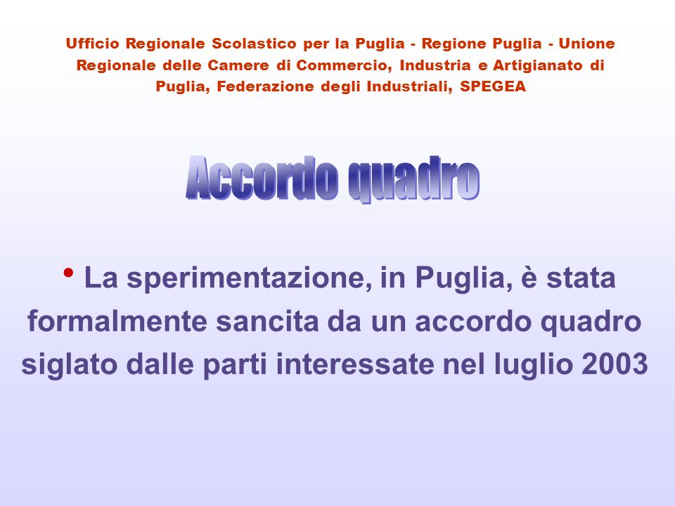 La sperimentazione, in Puglia, è stata formalmente sancita da un accordo quadro siglato dalle parti interessate nel luglio 2003 Ufficio Regionale Scolastico per la Puglia - Regione Puglia - Unione Regionale delle Camere di Commercio, Industria e Artigianato di Puglia, Federazione degli Industriali, SPEGEA
