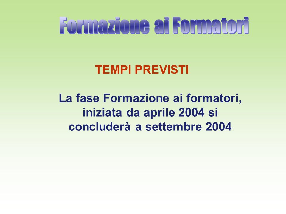 TEMPI PREVISTI La fase Formazione ai formatori, iniziata da aprile 2004 si concluderà a settembre 2004