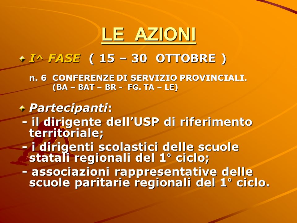 LE AZIONI I ^ FASE ( 15 – 30 OTTOBRE ) n. 6 CONFERENZE DI SERVIZIO PROVINCIALI.