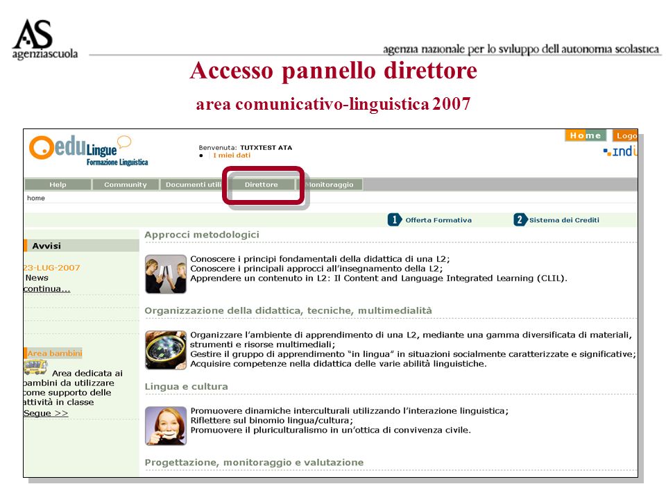 Accesso pannello direttore area comunicativo-linguistica 2007