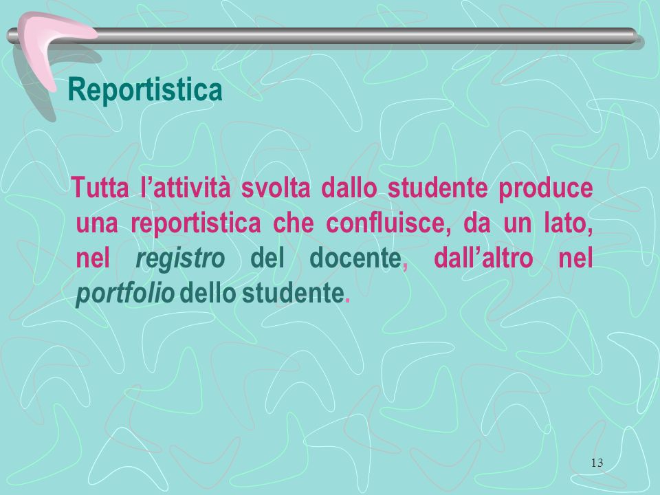 13 Reportistica Tutta lattività svolta dallo studente produce una reportistica che confluisce, da un lato, nel registro del docente, dallaltro nel portfolio dello studente.