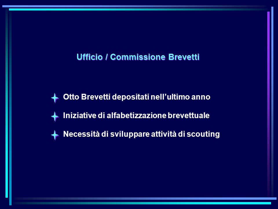 Ufficio / Commissione Brevetti Otto Brevetti depositati nellultimo anno Iniziative di alfabetizzazione brevettuale Necessità di sviluppare attività di scouting