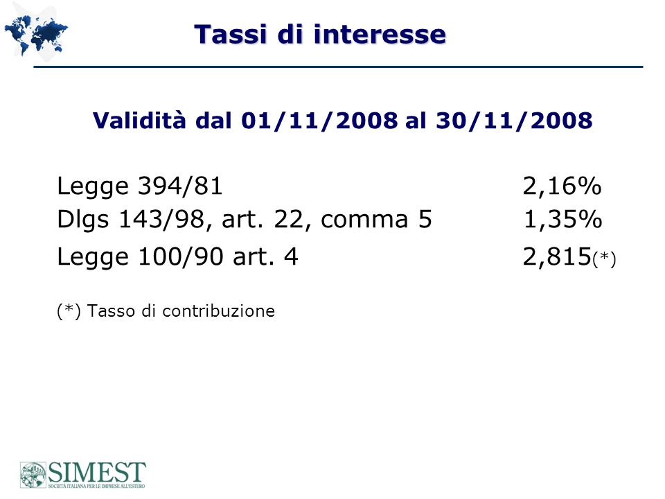 Tassi di interesse Validità dal 01/11/2008 al 30/11/2008 Legge 394/812,16% Dlgs 143/98, art.