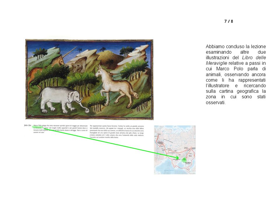 Abbiamo concluso la lezione esaminando altre due illustrazioni del Libro delle Meraviglie relative a passi in cui Marco Polo parla di animali, osservando ancora come li ha rappresentati lillustratore e ricercando sulla cartina geografica la zona in cui sono stati osservati.