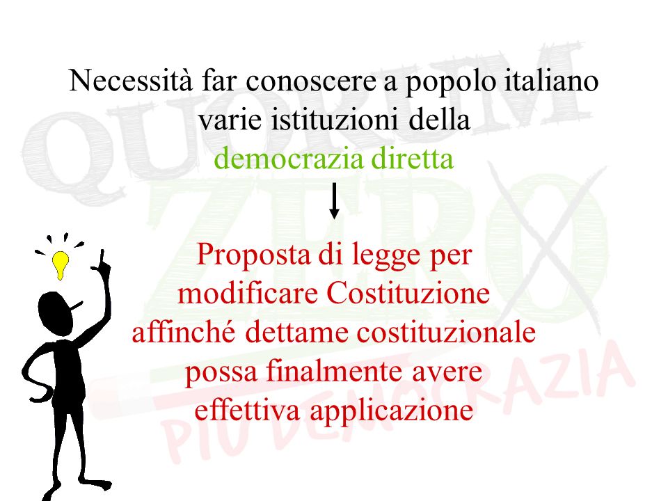 Necessità far conoscere a popolo italiano varie istituzioni della democrazia diretta Proposta di legge per modificare Costituzione affinché dettame costituzionale possa finalmente avere effettiva applicazione