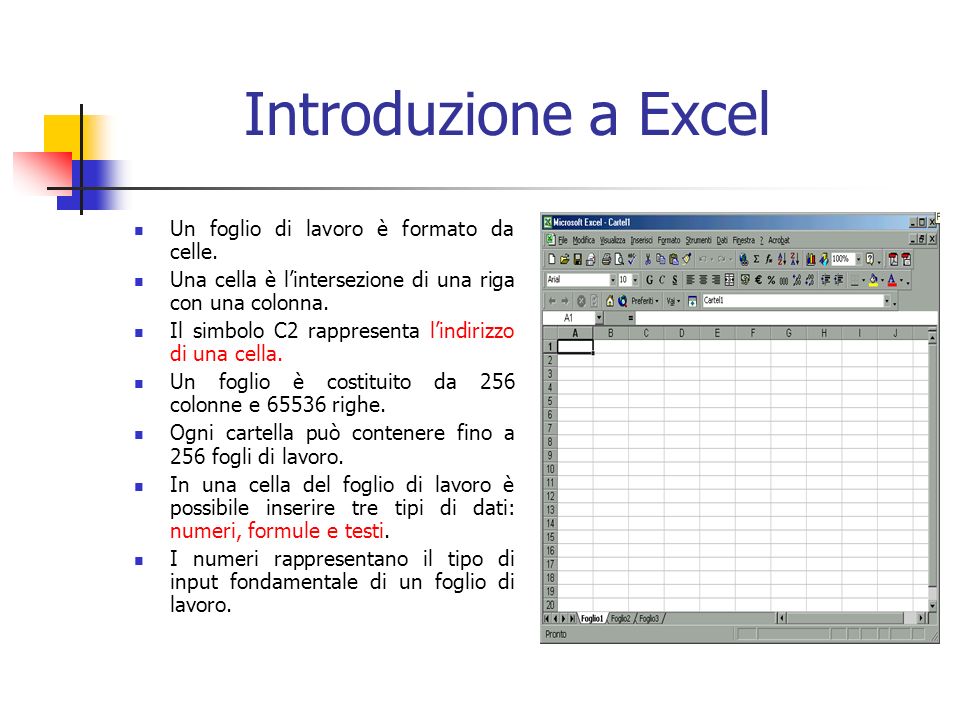 Introduzione a Excel Un foglio di lavoro è formato da celle.
