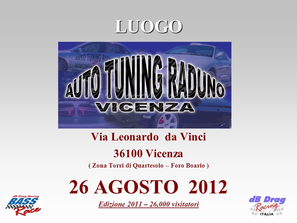 LUOGO Via Leonardo da Vinci Vicenza ( Zona Torri di Quartesolo – Foro Boario ) 26 AGOSTO 2012 Edizione 2011 – 26,000 visitatori