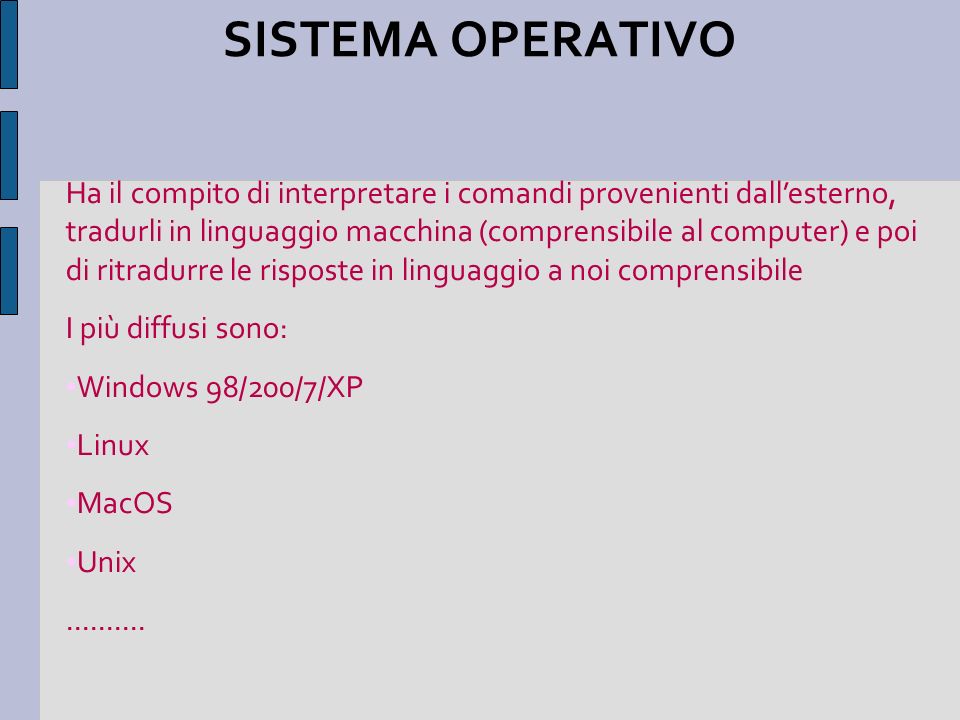 SISTEMA OPERATIVO Ha il compito di interpretare i comandi provenienti dallesterno, tradurli in linguaggio macchina (comprensibile al computer) e poi di ritradurre le risposte in linguaggio a noi comprensibile I più diffusi sono: Windows 98/200/7/XP Linux MacOS Unix