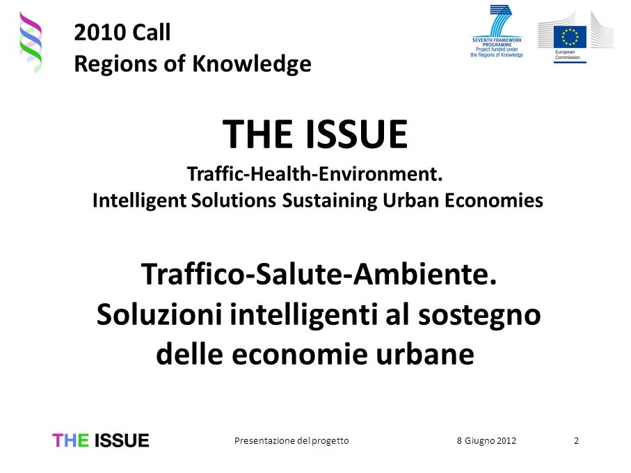 2010 Call Regions of Knowledge 8 Giugno 2012Presentazione del progetto2 THE ISSUE Traffic-Health-Environment.