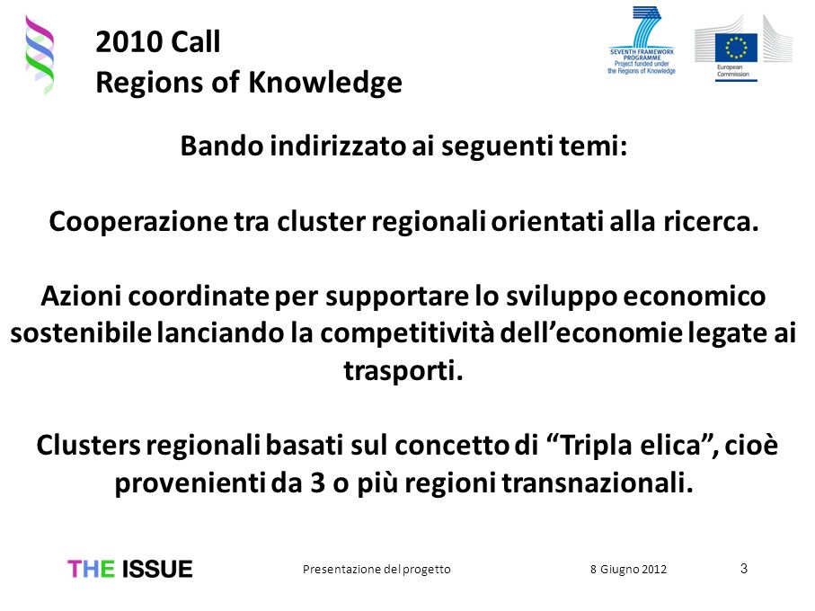 2010 Call Regions of Knowledge 3 Bando indirizzato ai seguenti temi: Cooperazione tra cluster regionali orientati alla ricerca.