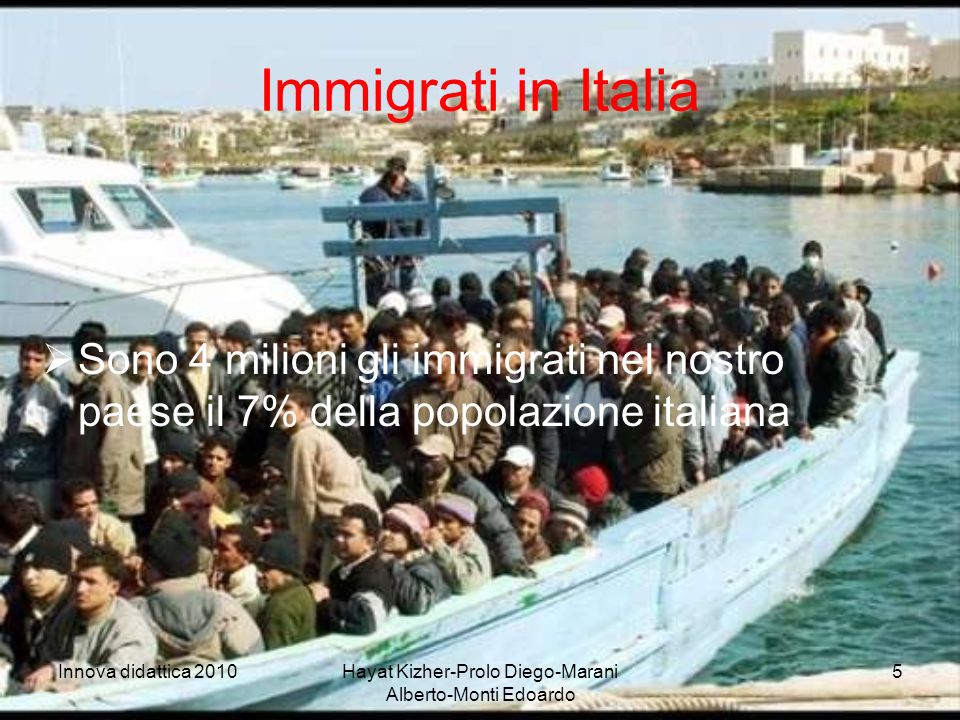 Innova didattica 2010Hayat Kizher-Prolo Diego-Marani Alberto-Monti Edoardo 5 Immigrati in Italia Sono 4 milioni gli immigrati nel nostro paese il 7% della popolazione italiana