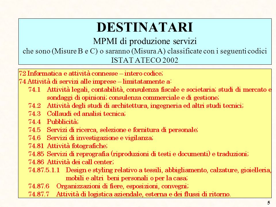 5 DESTINATARI MPMI di produzione servizi che sono (Misure B e C) o saranno (Misura A) classificate con i seguenti codici ISTAT ATECO