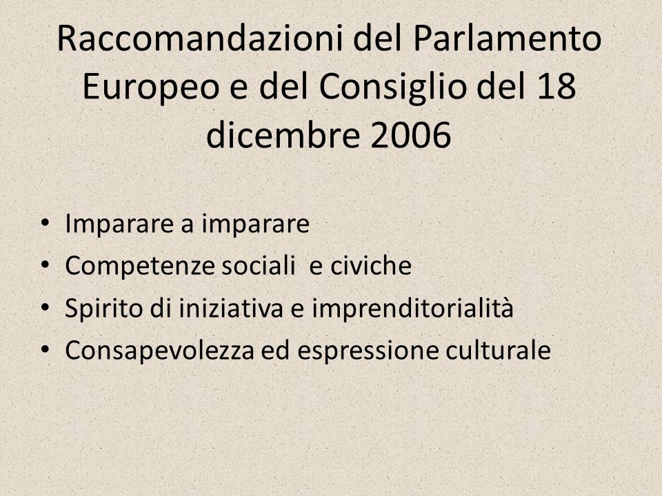 Raccomandazioni del Parlamento Europeo e del Consiglio del 18 dicembre 2006 Imparare a imparare Competenze sociali e civiche Spirito di iniziativa e imprenditorialità Consapevolezza ed espressione culturale
