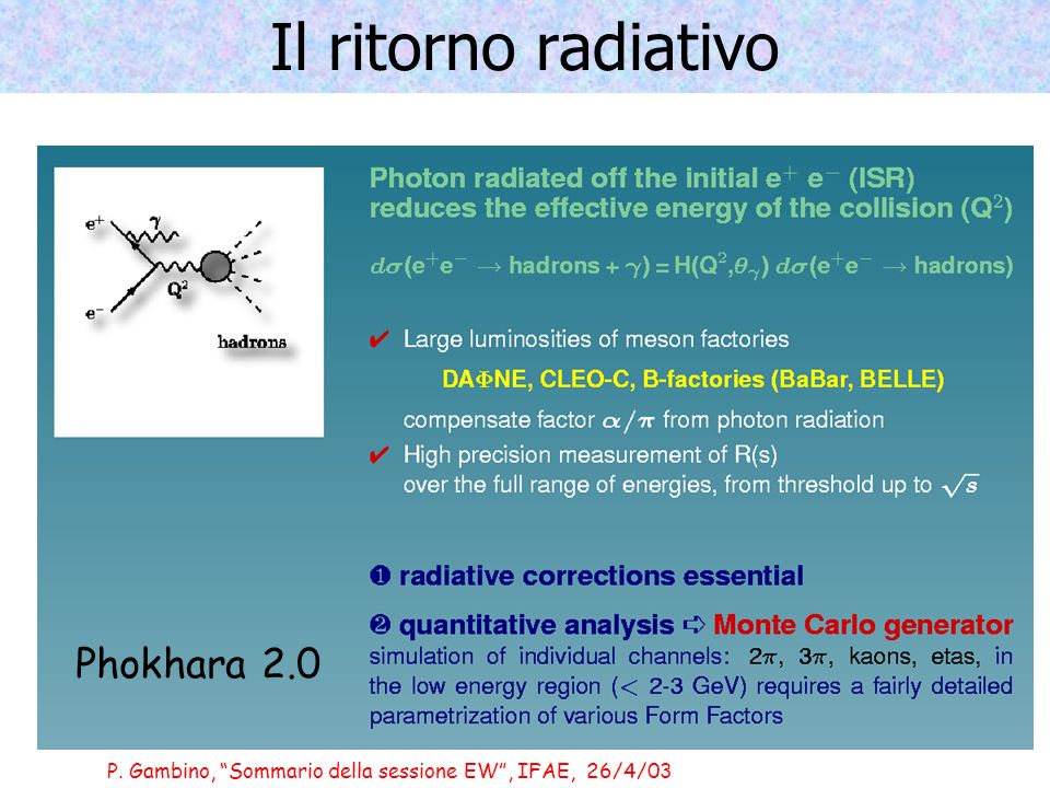 P. Gambino, Sommario della sessione EW, IFAE, 26/4/03 Il ritorno radiativo Phokhara 2.0