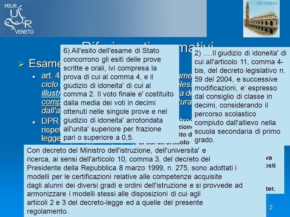 Corso Formazione Presidenti esame I ciclo - Vicenza 26 maggio Riferimenti normativi Esame di Stato del I ciclo: Esame di Stato del I ciclo: art.