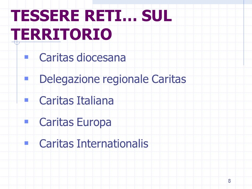 8 TESSERE RETI… SUL TERRITORIO Caritas diocesana Delegazione regionale Caritas Caritas Italiana Caritas Europa Caritas Internationalis
